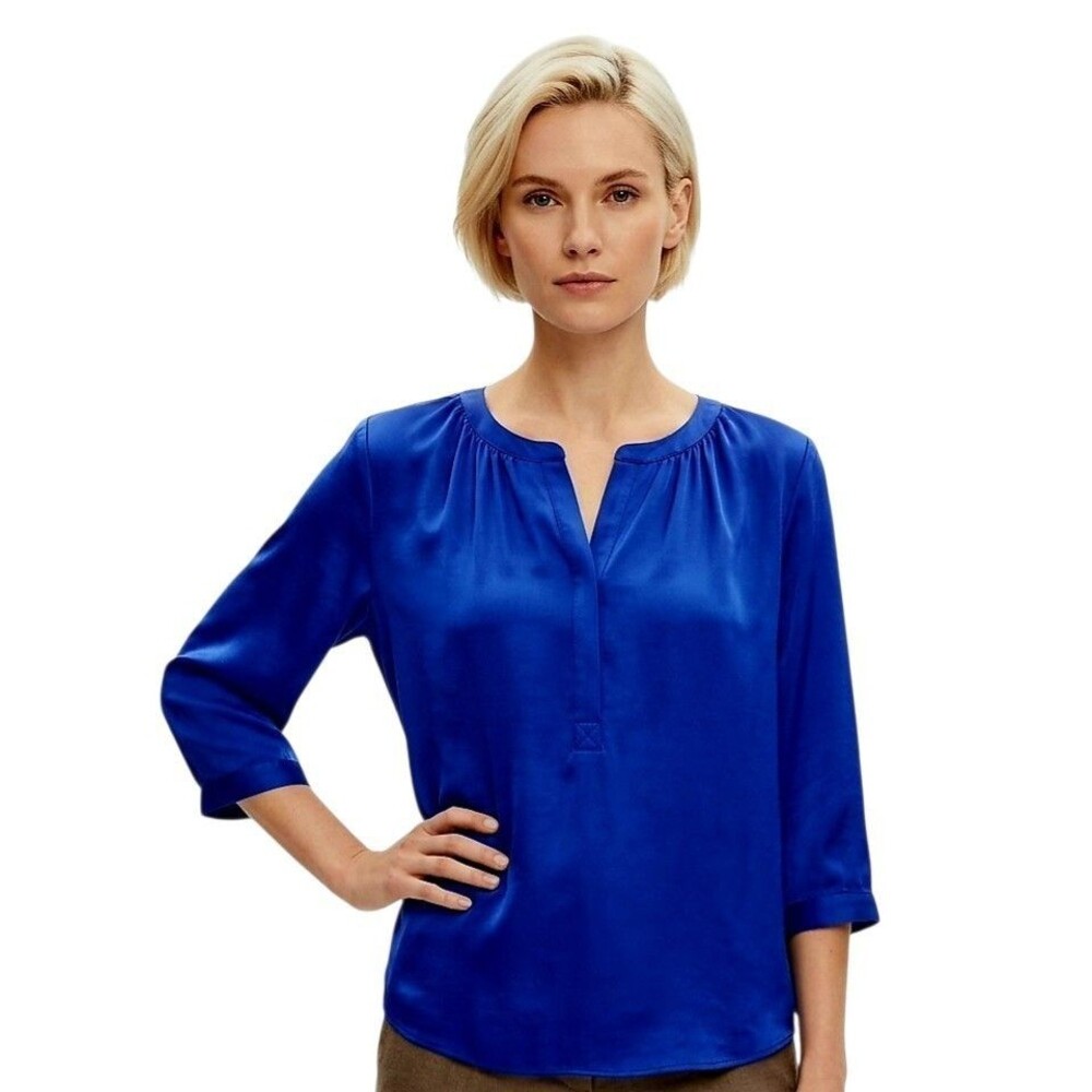 Jennifer Lopez Top Womens LARGE Blue Pullover Dolman Sleeve Hidden Button V-Neck